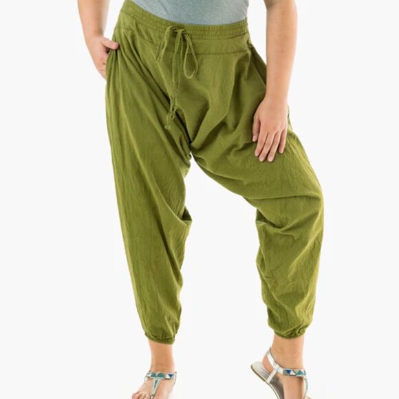 Buddha Pants Womens Elastic Waist Drawcord Tapered Savannah Harem Pants Green - Picture 3 of 4
